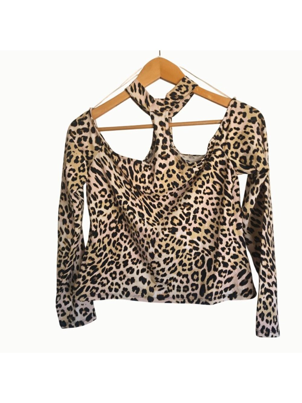 GUESS Leopard Print Off Shoulder Choker Crop Top Long Sleeve Size L Y2K